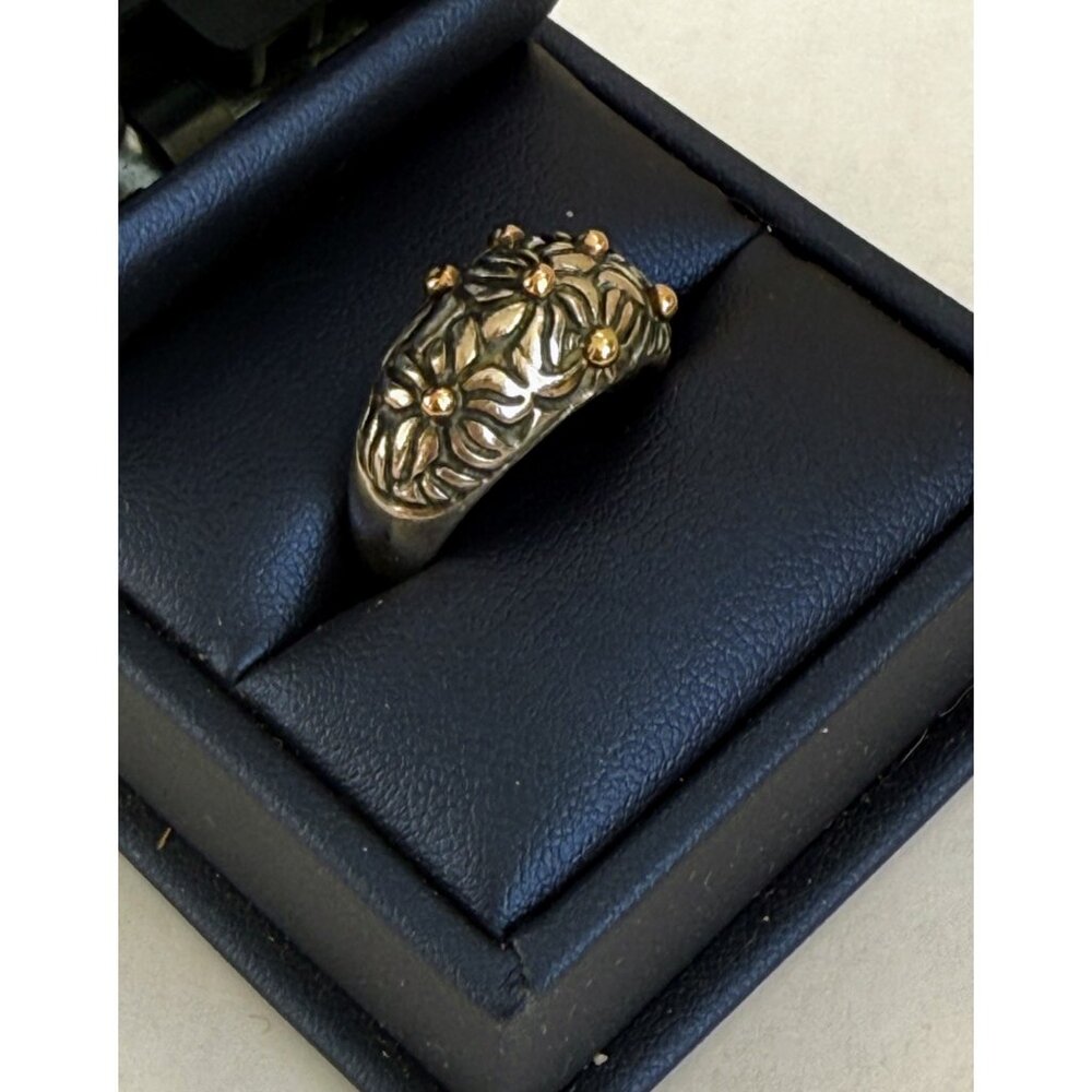 Vintage 90's 925 silver Floral Dome Ring Gold Vermeil Dots 6.4g Size 6 3/4 - Picture 7 of 12